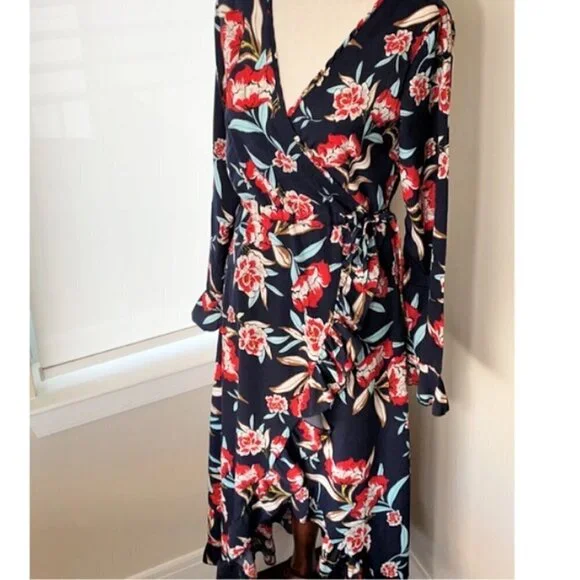 Nasty Gal Navy Blue Floral Midi Wrap Dress, Med. - Picture 3 of 12